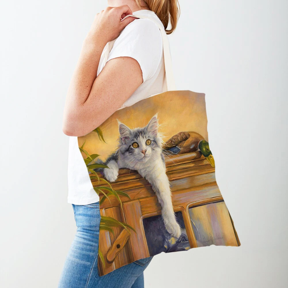 

Fashion WaterColor Cat Student Tote Handbag Both Sided Printed Reusable Cartoon Pet Casual Canvas Animal Shopping Bag for Women