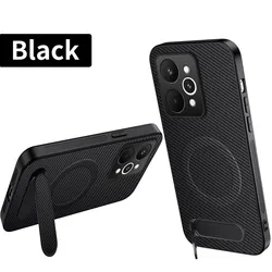 Carbon Fiber Magnetic Leather Hard Case with Kickstand and Matte Shell Finish for Realme P4 Power (Black)