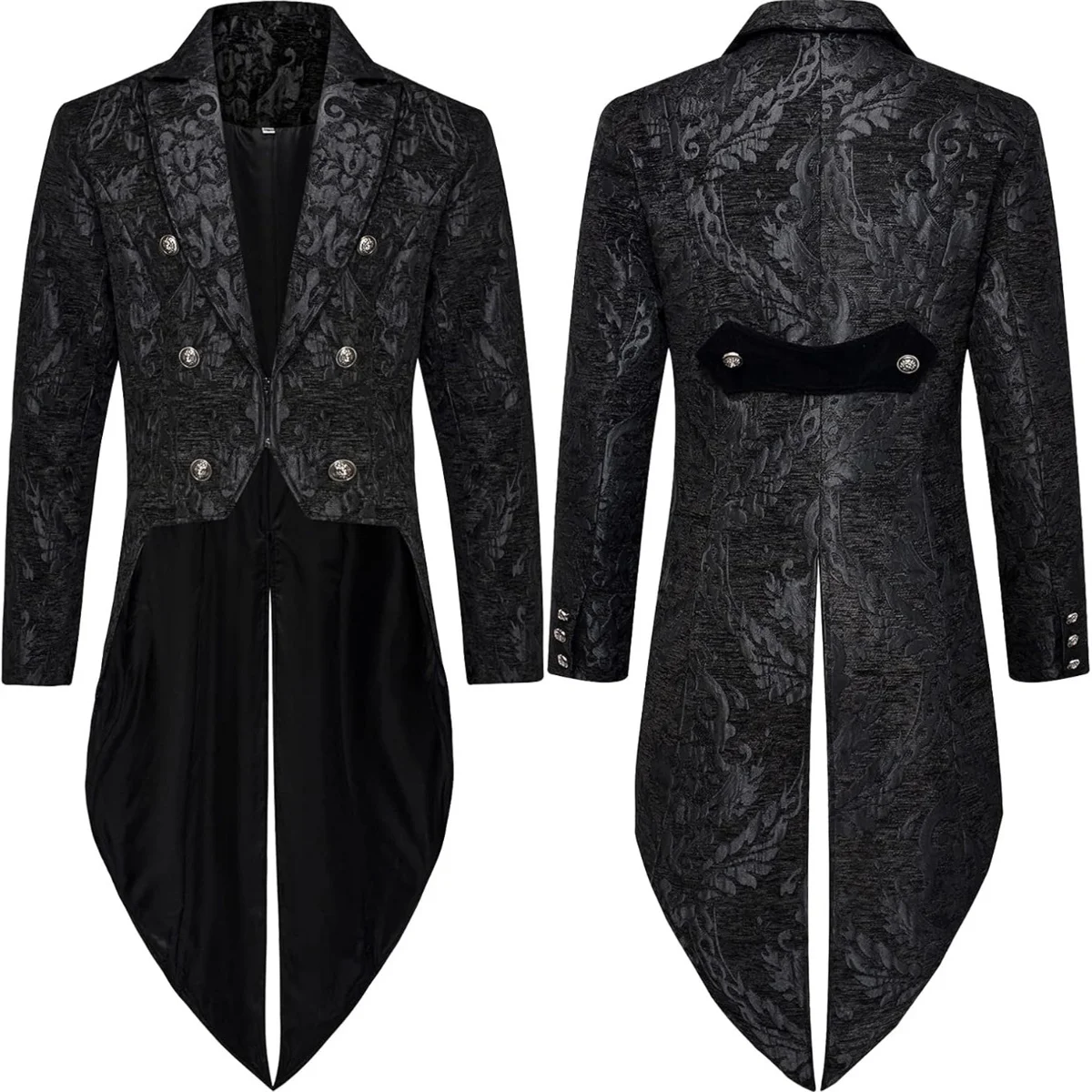 Gothic Steampunk Tailcoat Jacket for Fashion Wedding Party, Floral Jacquard Trench Coat with Stylish Long Silhouette