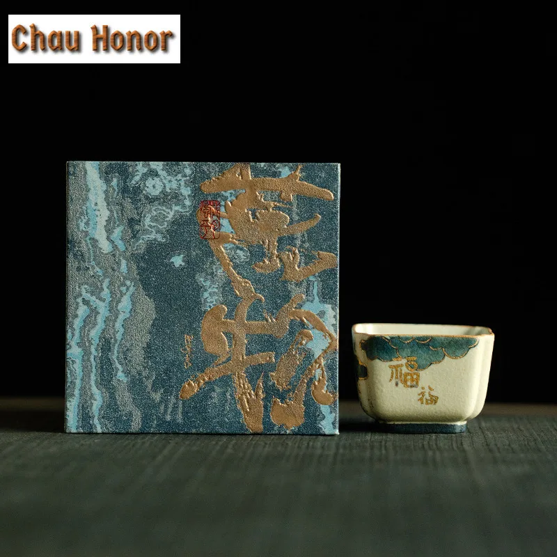 90ml Handmade Gold Drawing Auspicious Clouds Teacup Blue And White Flint Red Master Cup Square Meditation Cup Taste Chazhan Gift