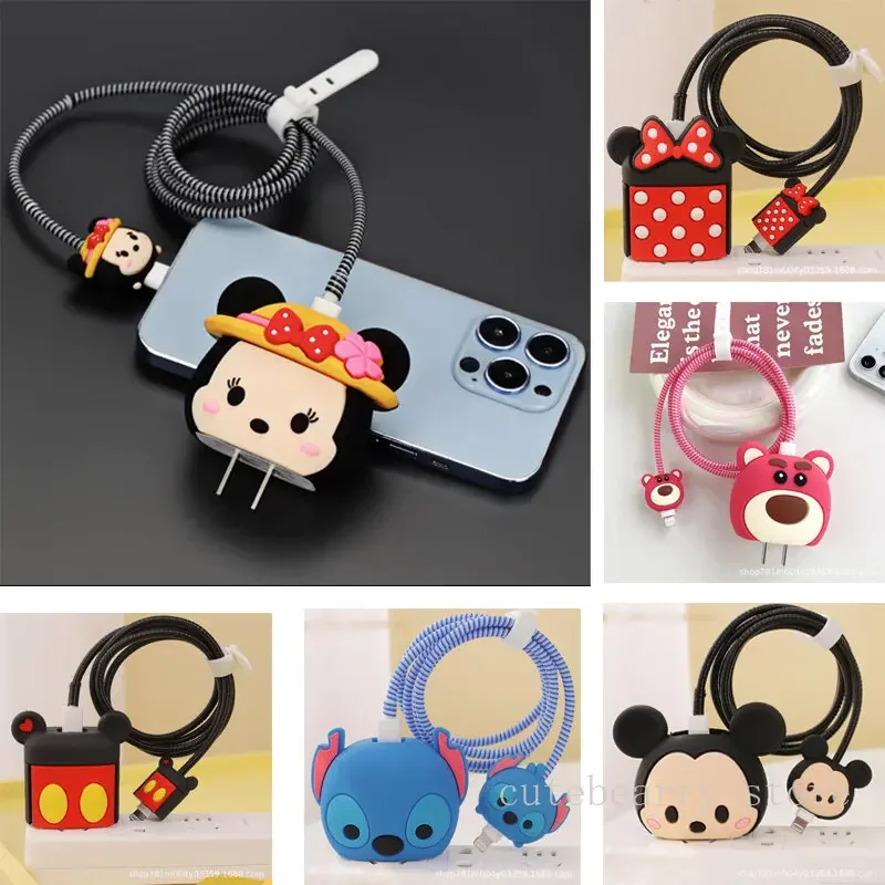 Disney Mickey Minnie Mouse for Apple 18/20W Adapter Charger Case with Cable Bite Protector Cute TPU Soft Protective Data Cable