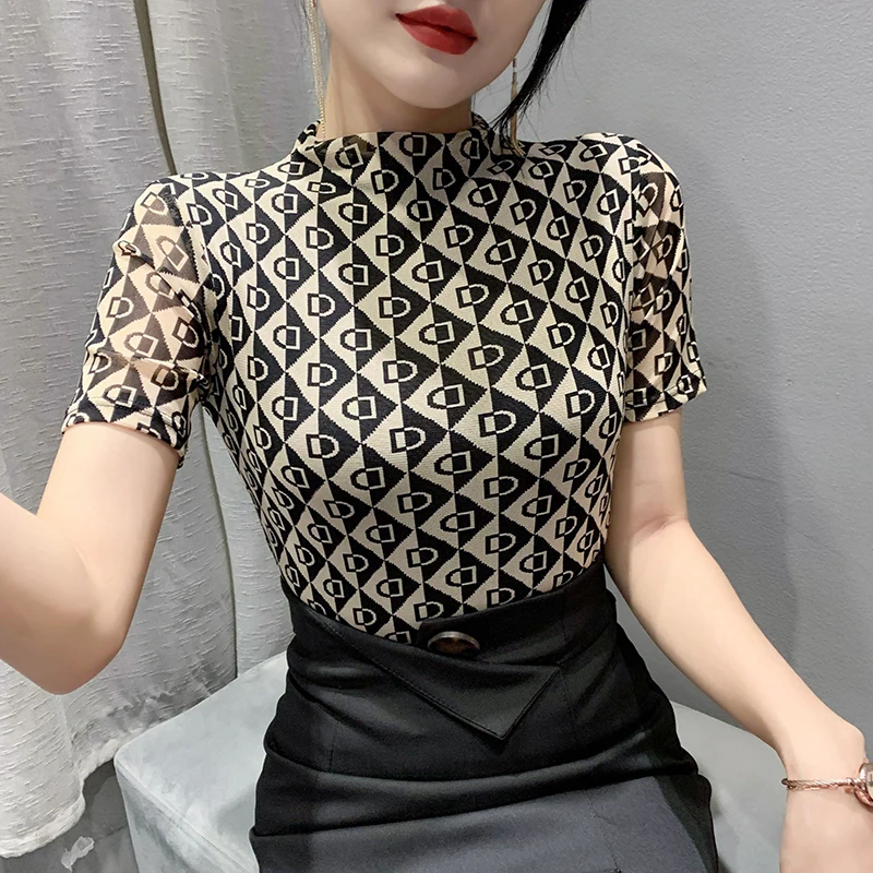 

2023 New Summer European Clothes Mesh T-Shirt Chic Sexy Half Turtleneck Print Letter Women Short Sleeve Tops Pullover Tees 32355