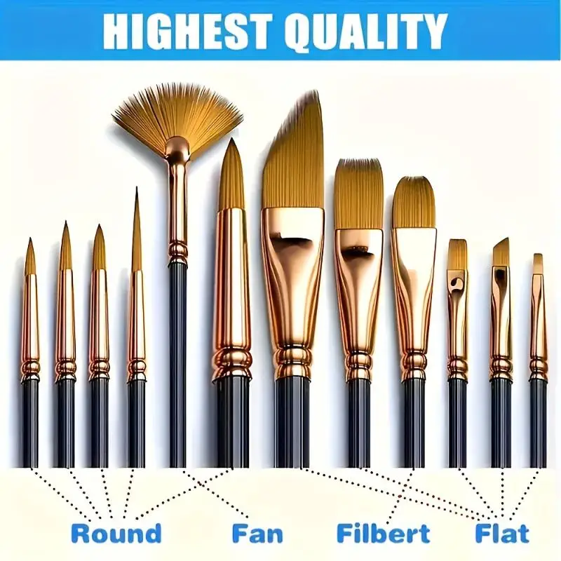 12Pcs Flat Nylon Bristle Brush Set Watercolor Oil Paint Fabric Painting Ideal For Art Students Hobbyists_voghion.com