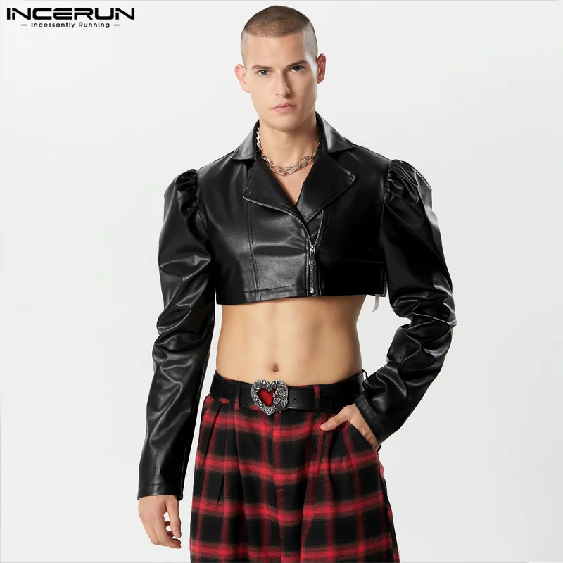 

INCERUN Men Jackets Solid Color PU Leather Lapel Long Sleeve Zipper Streetwear Male Crop Coats Punk 2023 Fashion Casual Jackets
