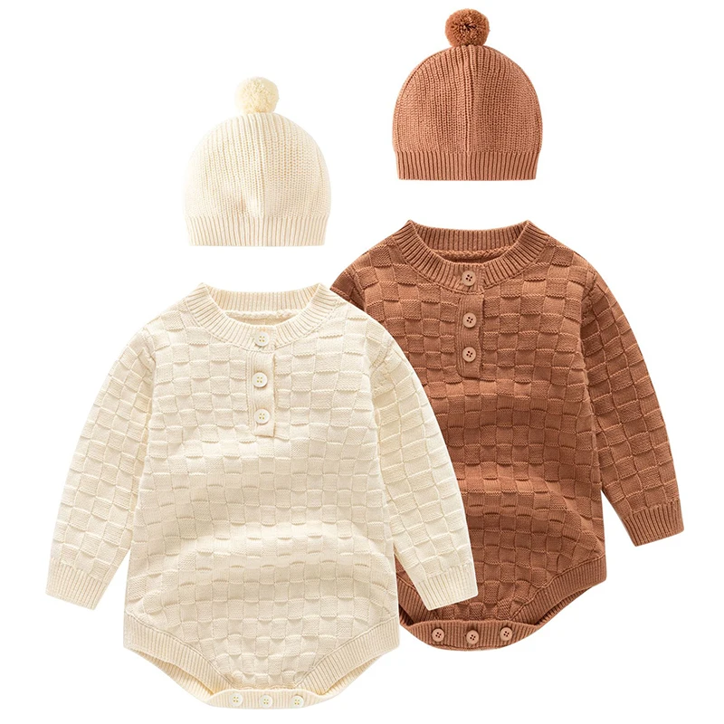 

Winter Warm Baby Girls Boys Clothes Knit Romper Sweater Toddler Long Sleeve Solid Knitwear Jumpsuit With Hat for Kid Fall Outfit