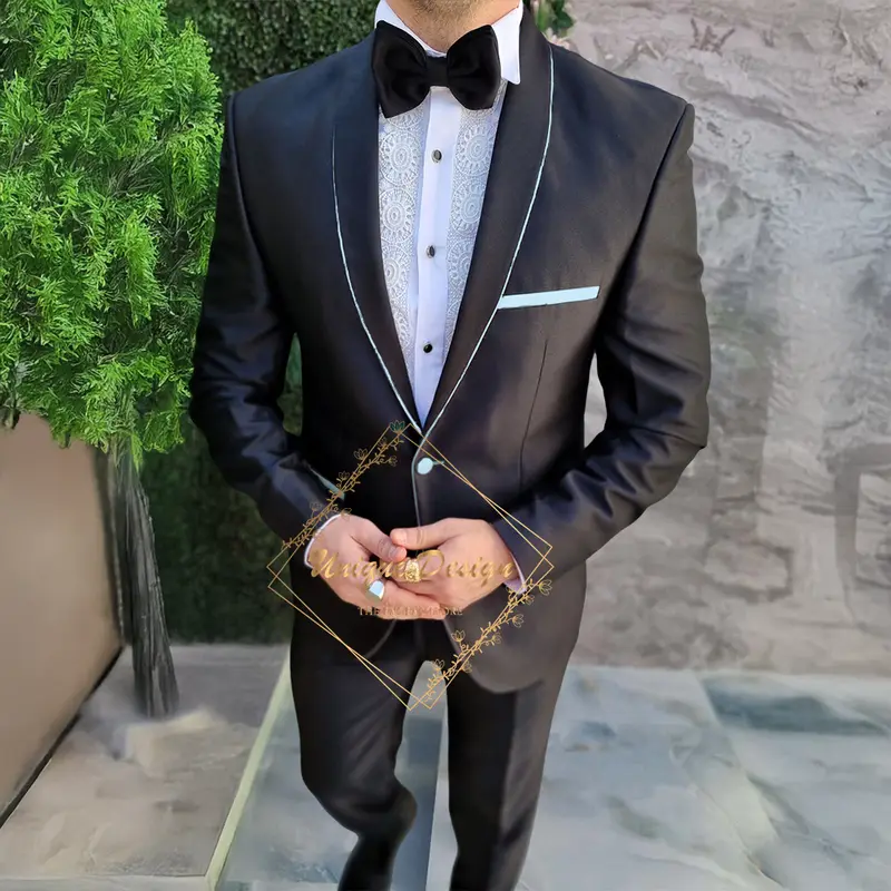 Premium Men's Formal Suit 2-piece White Satin binding Black Blazer Pants Tailored Fit for Wedding Dating Prom Ceremony Party - Image 13