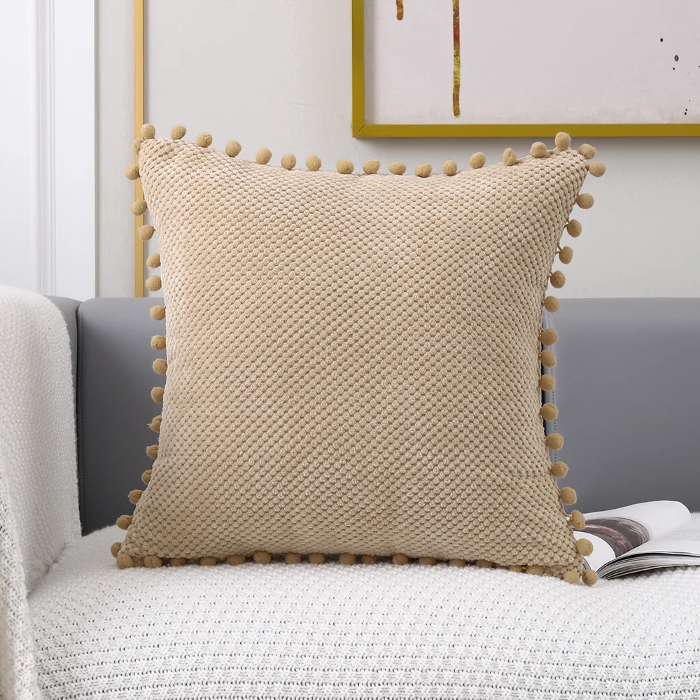 Set Di 2 Federe Cuscino Decorative In Velluto Arancione 50x50 Cm Con Pompon - Autunnali, Morbide, Con Cerniera Invisibile, Per Divano E Camera Da Letto