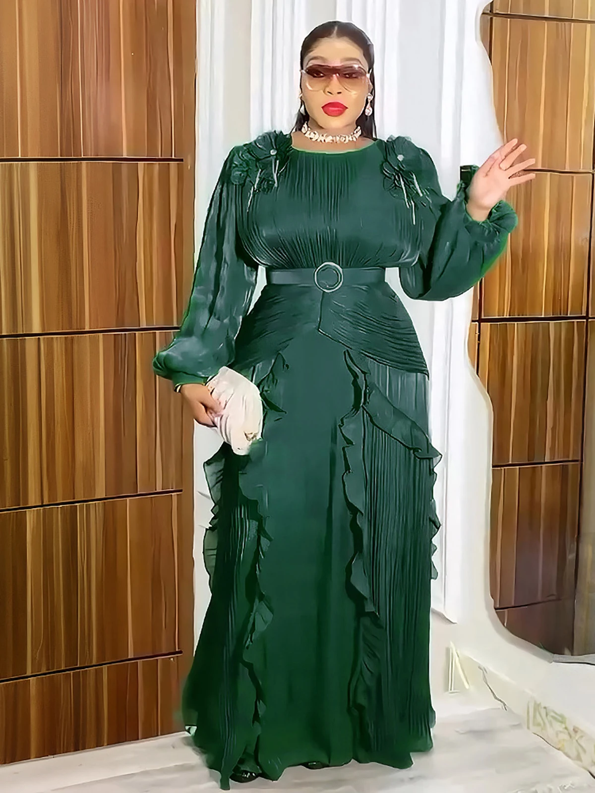 Plus Size Women's Luxurious Flower Fashion Evening Dress Solid Round Neck Long Sleeve Loose Ruffle Female Wedding Party Dresses