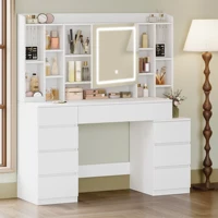 Туалетный столик с зеркалом, большое зеркало, туалетный столик с 8 ящиками и 11 открытыми отделениями, встроенная полка для ювелирных изделий.