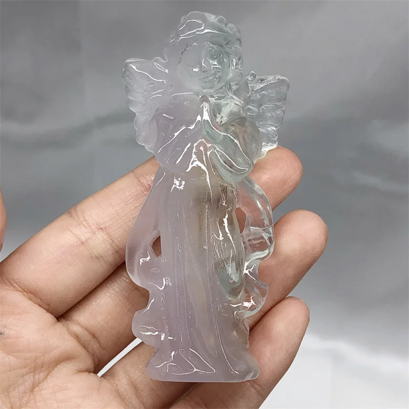 

8cm Natural Fluorite Angel Crystal Hand Carved Polished Figurine Healing Energy Stone Feng Shui Aesthetic Room Decor Gifts 1pcs