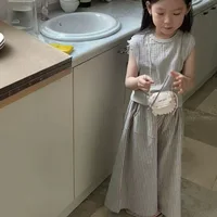 Girls' Spring Summer Set European and American Style Tank Top+Striped Pants Two Piece Fashionable Children's Clothing for Girls