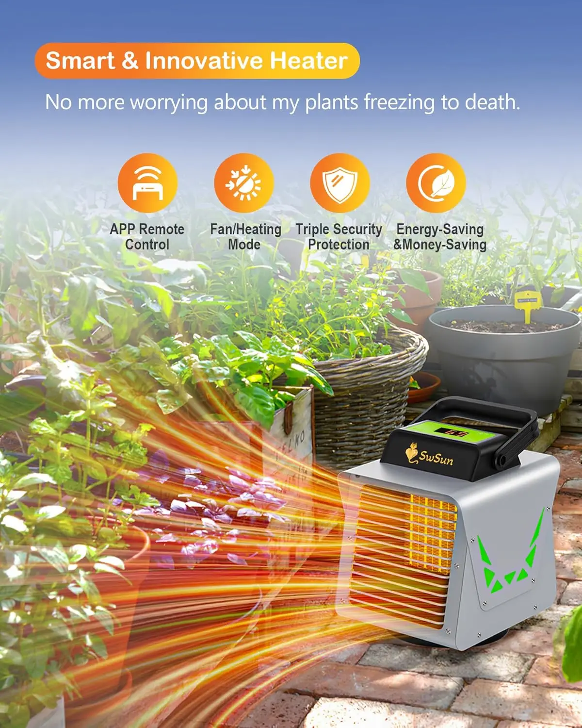 Description Picture 3 of item1500W Greenhouse Heater with APP Remote Control & Smart Control Panel,Plants & Vegetables,Garage, Grow Tents, Sunroom