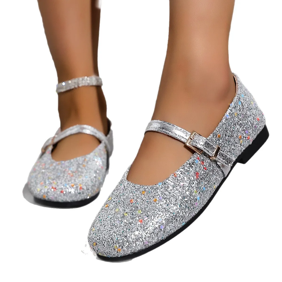 Elegant Flat Square Heel Women's Mary Jane Shoes Sequined Versatile Single Footwear for Spring Autumn Fashion
