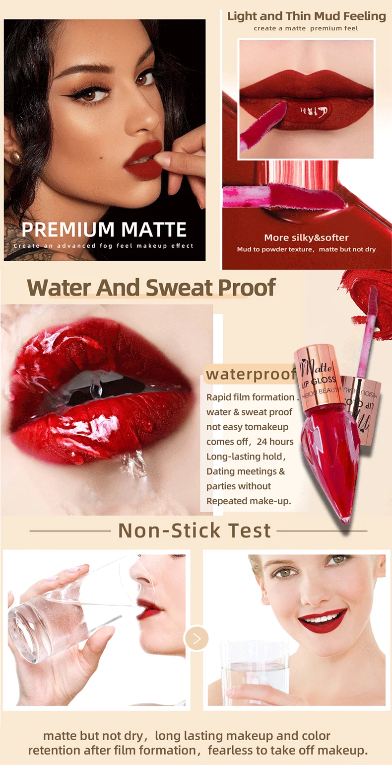 6 Pcs Diamond Matte Liquid Lipstick Set, Non-Stick Cup and Not Fade Pigmented, Long-Lasting Waterproof Velvet Lipgloss Makeup