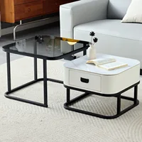 SHARPDO Tables Basses gigognes, Pierre Sinterisée & Verre trempé, Tiroir Simili Cuir Blanc, Lot de 2, 60/50 cm, Design Moderne pour Salon, Carrée (carrée) 1