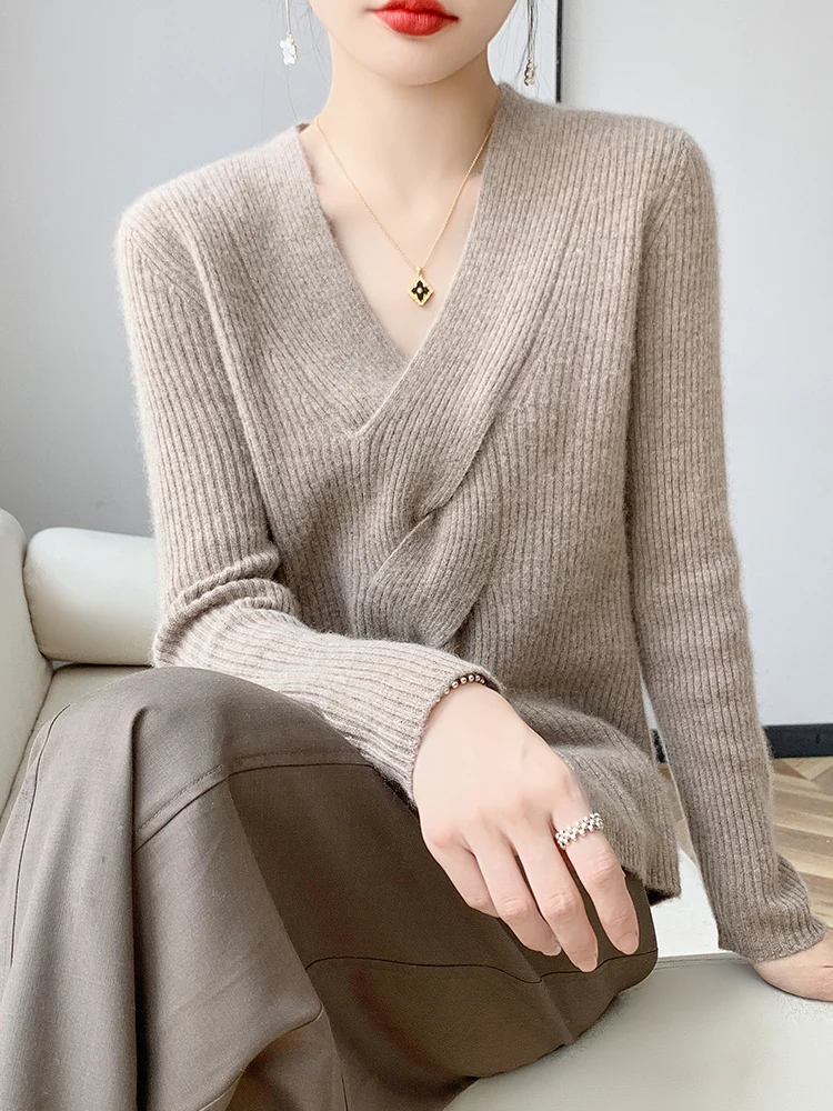 Women New Fashion Female Spring Autumn 100% Pure Merino Wool Twisted  V-Neck Pullover Cashmere Sweater Hollow Out Clothing Top