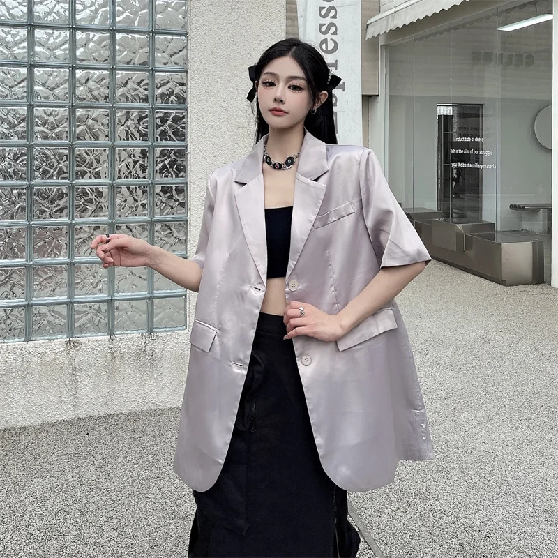 얇은 산성 실크 사이드 슬릿 짧은 소매 정장 재킷 여름 느슨한 맞는 캐주얼 서양식 의류 남성 여성을위한