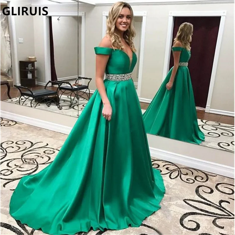 

Light Green V-neck Evening Dress Off The Shoulder A-line Crystal Long Prom Gown for Formal Occasions vestidos de fiesta