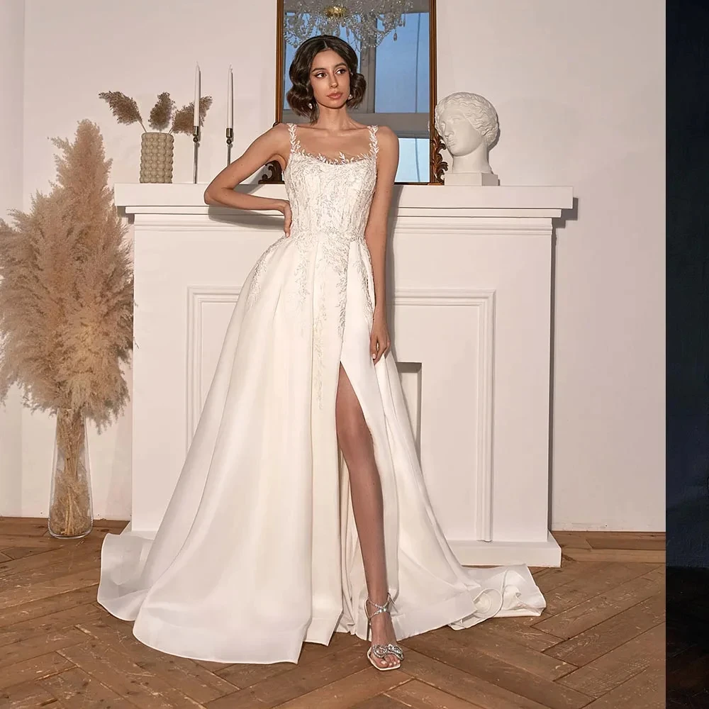 

Off Shoulder Slit Skirt Wedding Dress Sequined Appliques Robe Mariage Elegant Vestidos De Novia 웨딩드레스 Backless Strap Gelinlik