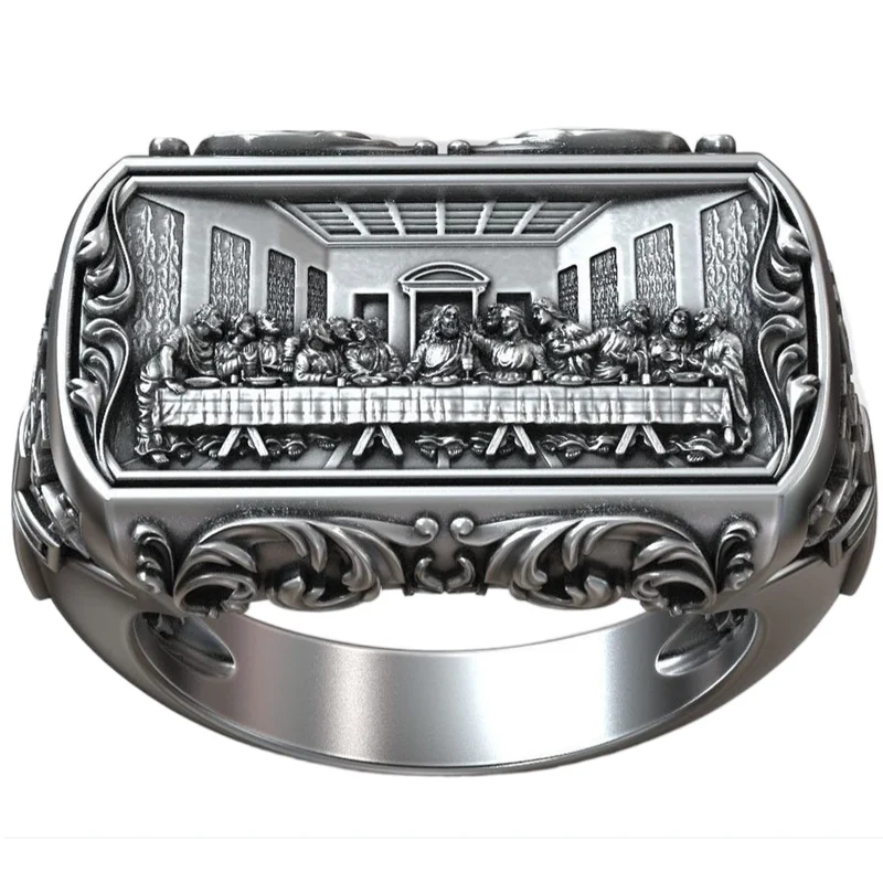 13-16g Jesus Christ The Last Supper Leonardo Pattern Religious Artistic Relief Customized 925 Solid Sterling Silver Ring