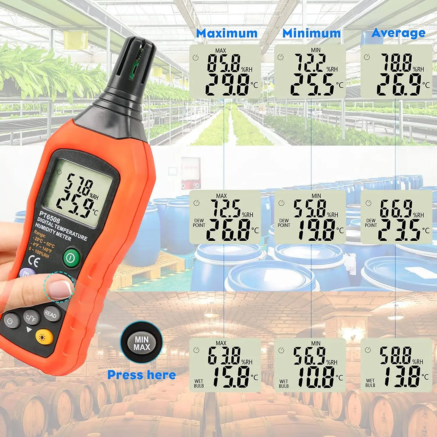 Temperature Humidity Meter, UA963 Thermometer Hygrometer Monitor with Dew  Point & Wet Bulb Temp for Room,Subway,Library,Commercial Center,etc