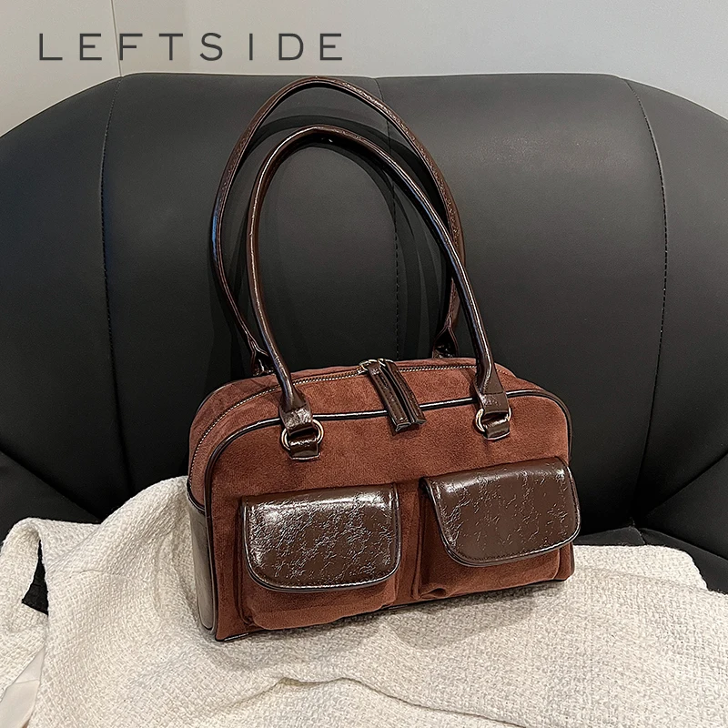 

LEFTSIDE Small PU Leather Double Pockets Design Shoulder Bags for Women 2023 Female Underarm Bag Lady Simple Handbags and Purses