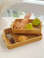 Creative Handmade Woven Rattan Storage Tray Square Wicker Basket Wooden Handle Bread Food Tray Fruit Cake Platter 1