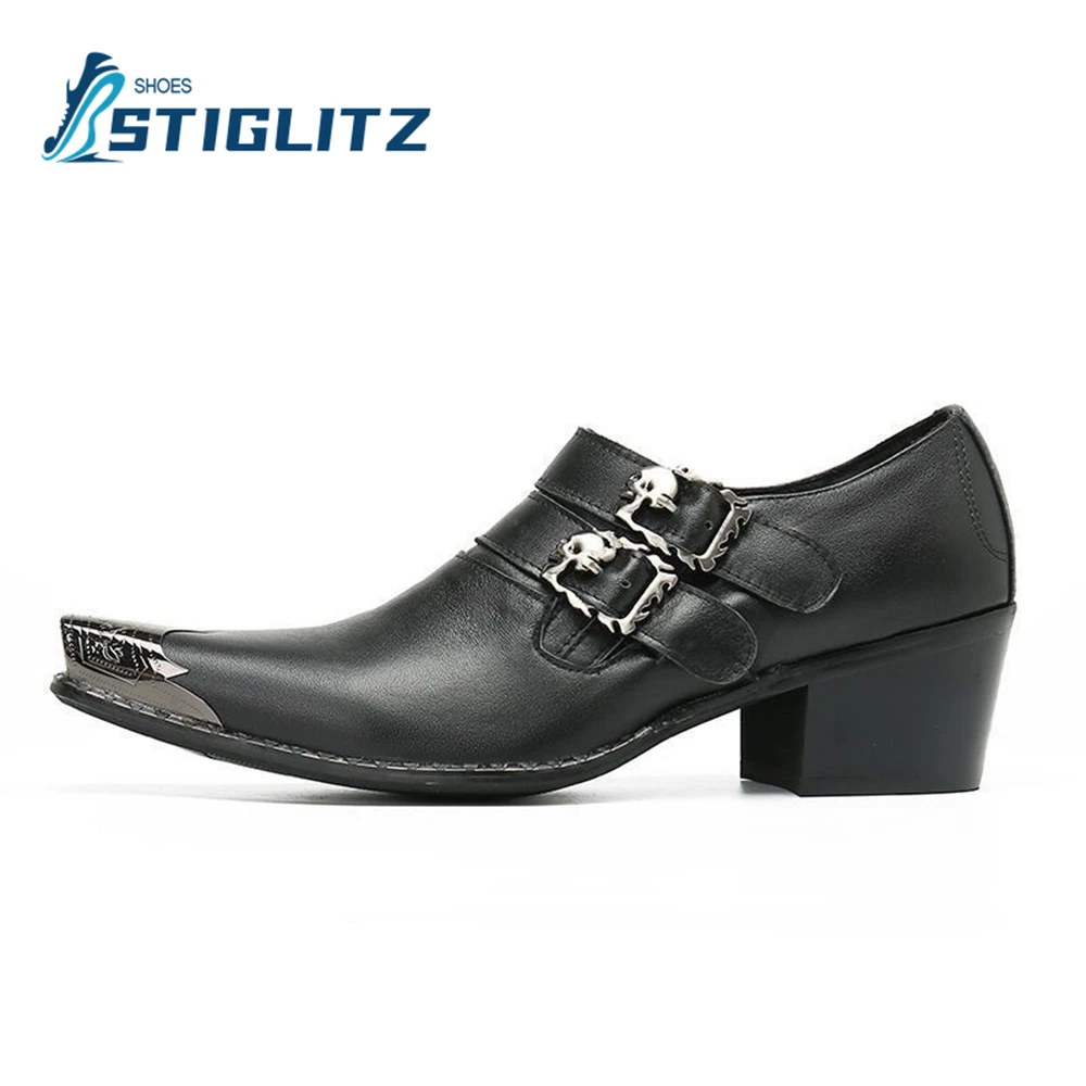 Flame Buckle Chelseas Black Genuine Leather Shallow Mules Metal Square Toe Sewing Thread Heeled Shoes Business Dress Men's Shoes