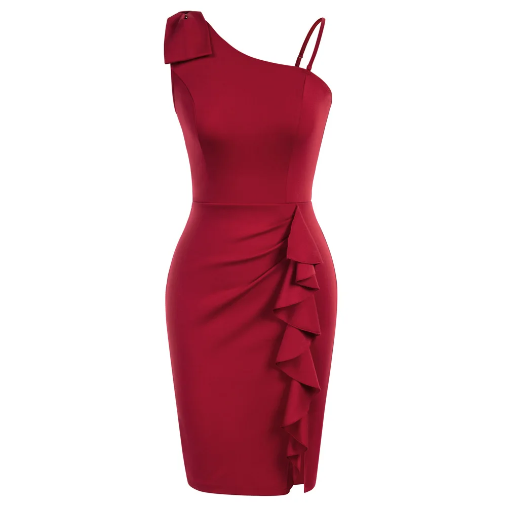 

BP Women Shoulder Dress Ruffle Decorated Front Slit Bodycon Dress