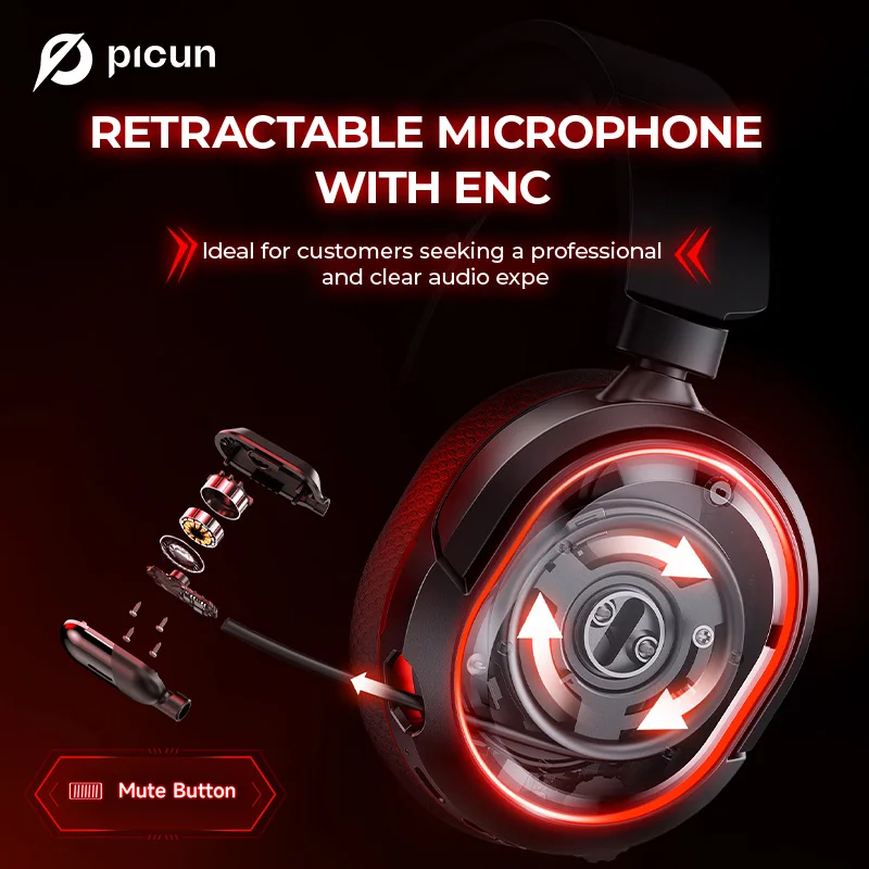 Kofire UG-08 Wireless Gaming Headset, 7.1 Surround Sound, 100H Playtime, 2.4Ghz Dongle & Wireless 5.3, Retractable ENC Mic