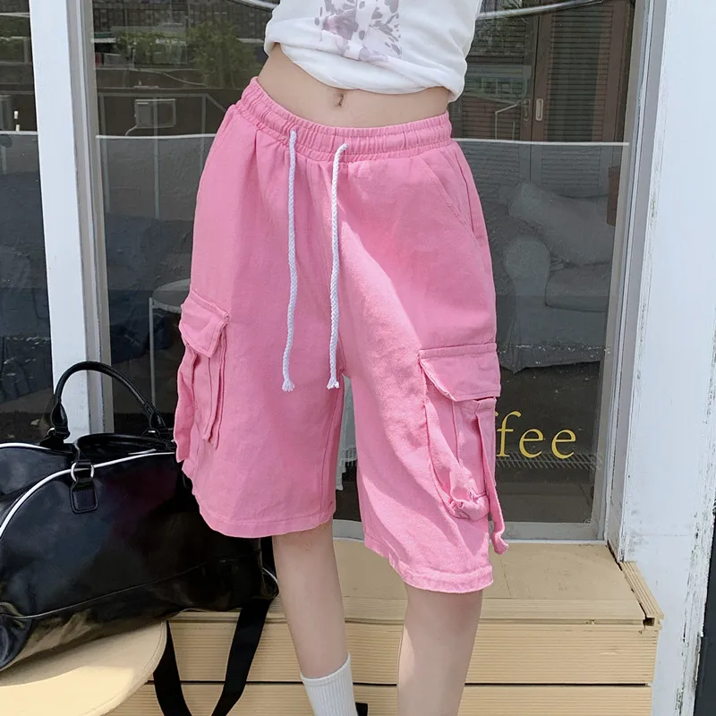 

Шорты-карго GUUZYUVIZ женские с большими карманами, хлопковые повседневные свободные бриджи с эластичным поясом, розового цвета, Y2K