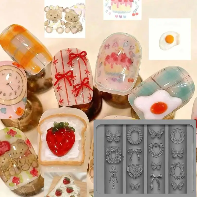 1개 네일아트 실리콘 몰드, 활, 하트, 나비, 토끼 3D 몰드, 네일아트 장식, DIY 디자인에 적합한 실리콘 네일 몰드