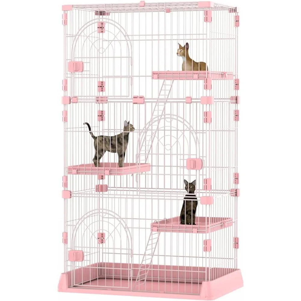 

4-Tier Wire Cat Cage Playpen Kennel, Cat Catios Large Space 30 X 20 X 52.5 Inches for 1-3 Cats Pink