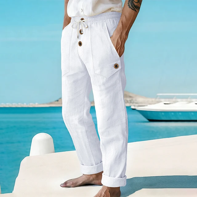 Pantalon en lin pour homme avec cordon de serrage, décontracté, détails boutonnés, taille élastique, respirant, pour la plage, les vacances, le quotidien, coupe droite, pour homme 1