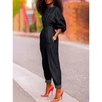 Streetwear Denim Jumpsuits Women 2026 Vintage Puff Sleeve O-Neck Button High Waist Pockets Bright Line Decoration Jumpsuit - Image 4