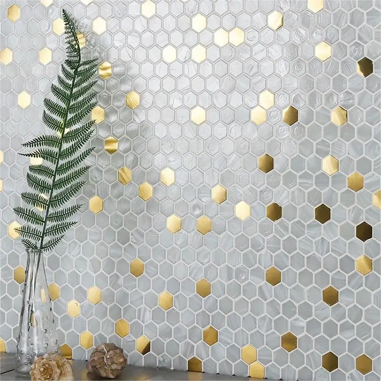 Foshan factory mosaico irregular honeycomb brushed metal tiles linear white pearl glass