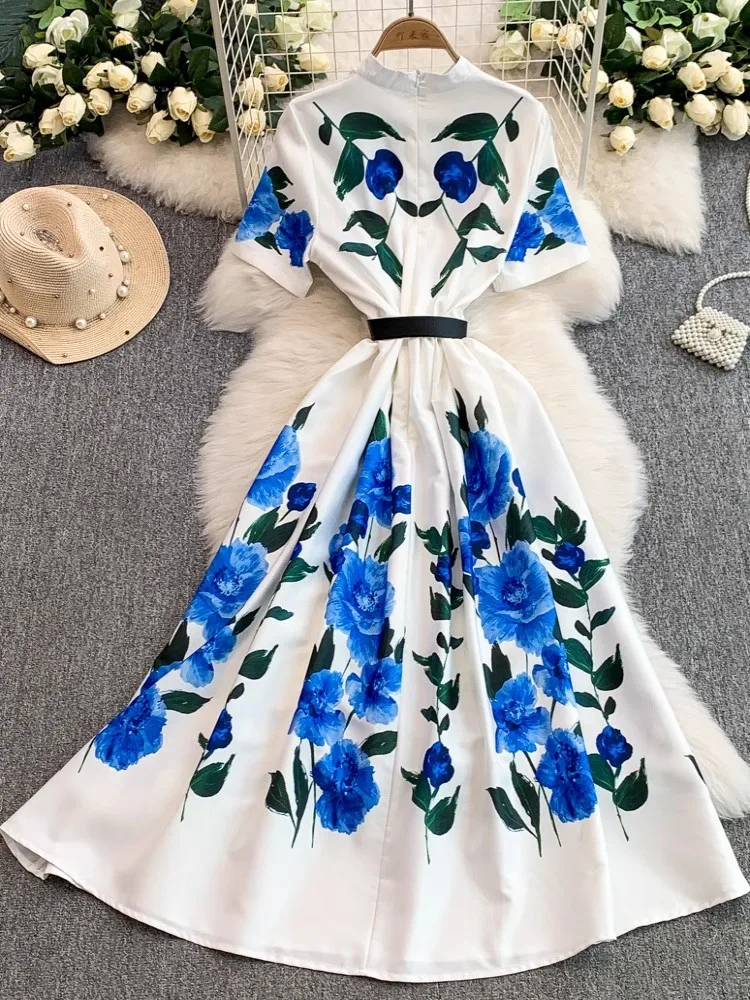 Summer Holiday Flower Leaves Print Shirt Long Dress Women