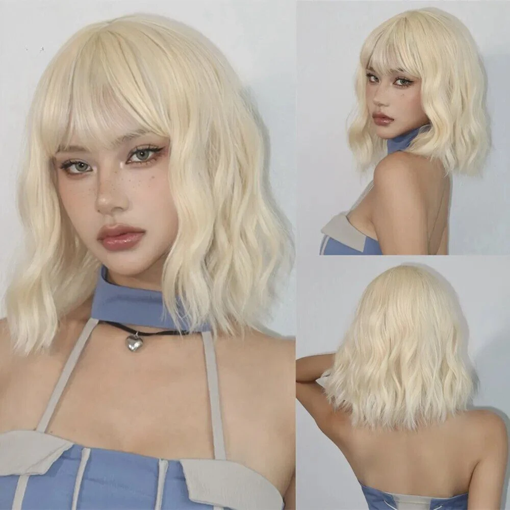 ALAN EATON Light Blonde Bob Wave Synthetic Human Short Hair Wigs with Bangs