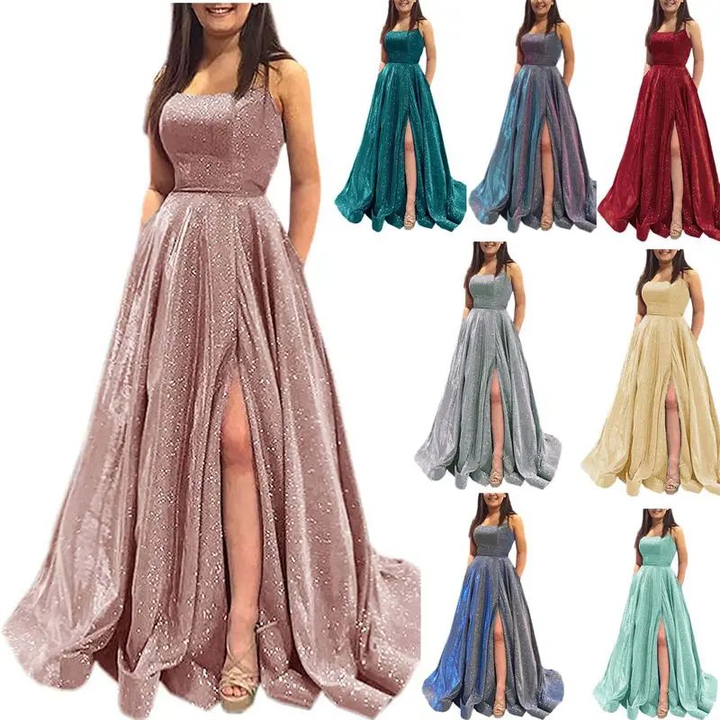 

Shining Halter Neck Long Prom Dresses A Line Dark Pink Robe De Soiree Side Split Sexy Evening Gowns