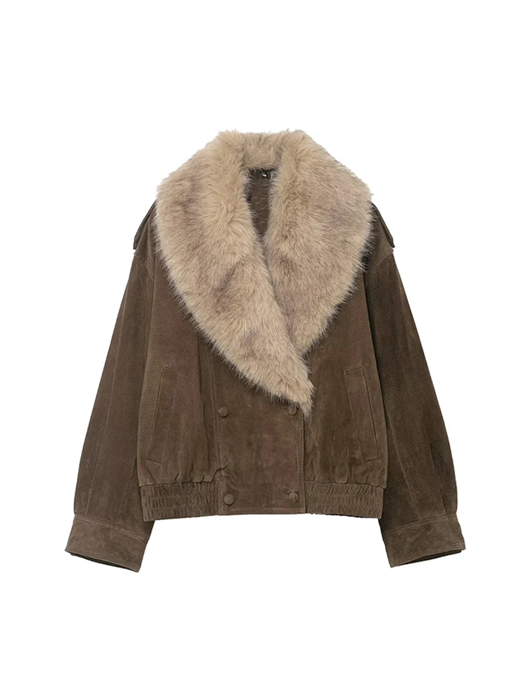  Elegant Women Suede Loose Jacket Fashion Faux Fur Collar Double Breasted Jacket 2025 Winter High Street Short Streetwear