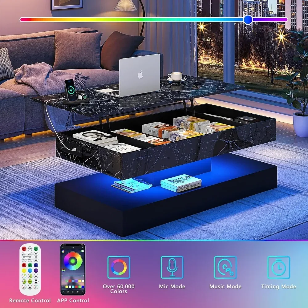 47.2" Large Lift Top Coffee Table Charging Station LED Modern High Glossy Center Table With Hidden Compartment Storage White