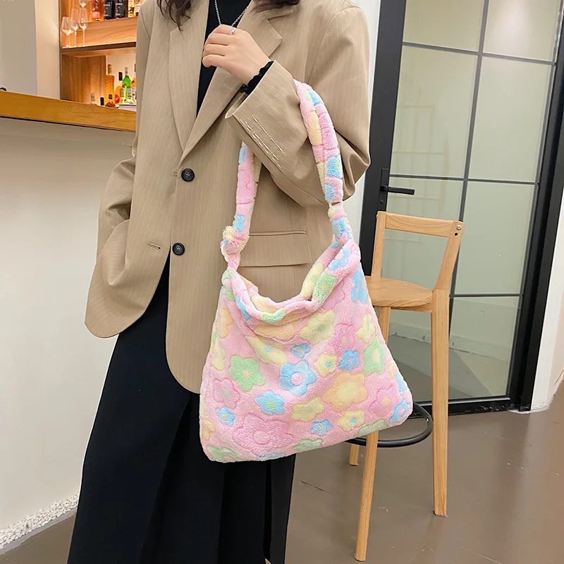 Fashion Flowers Shoulder Crossbody Bags For Women Soft Plush Shopper Totes Female Large Capacity Handbag Warm Fluffy Bucket Bags