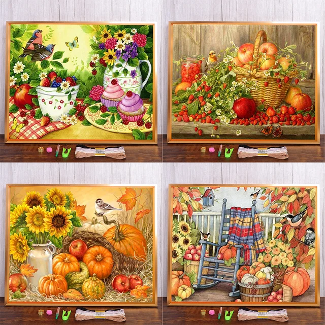 Still Life Fruit Basket Printed Canvas Cross Stitch Embroidery Set