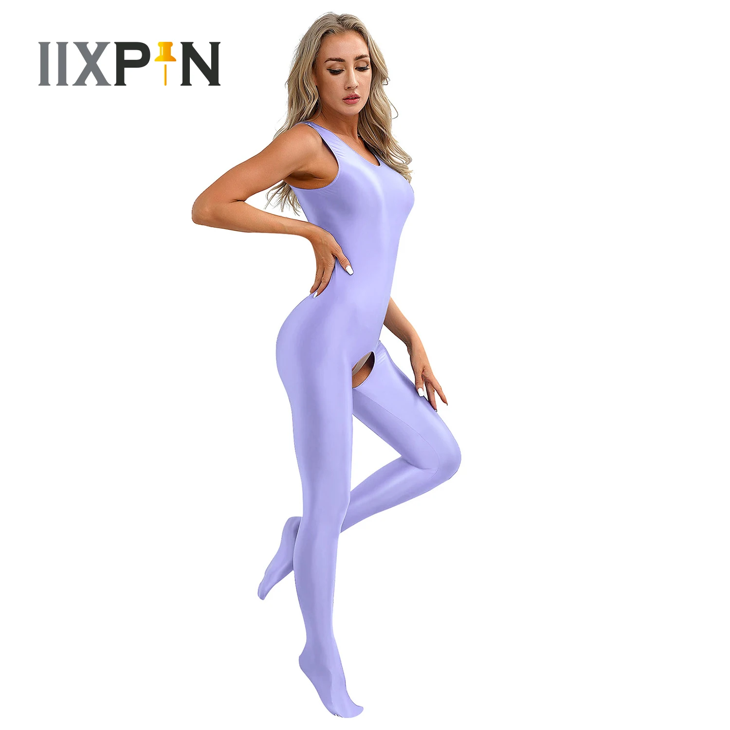 

Womens Smooth Full Body Open Crotch Bodysuit U Neck Sleeveless Footed Jumpsuits Glossy Stretchy Solid Color Unitard Clubwear