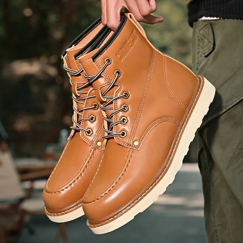 

Classic Genuine Leather Mens Boots Autumn Winter Brown Man Ankle Boots Retro High Top Tooling Shoes Men Work Boot bota masculina