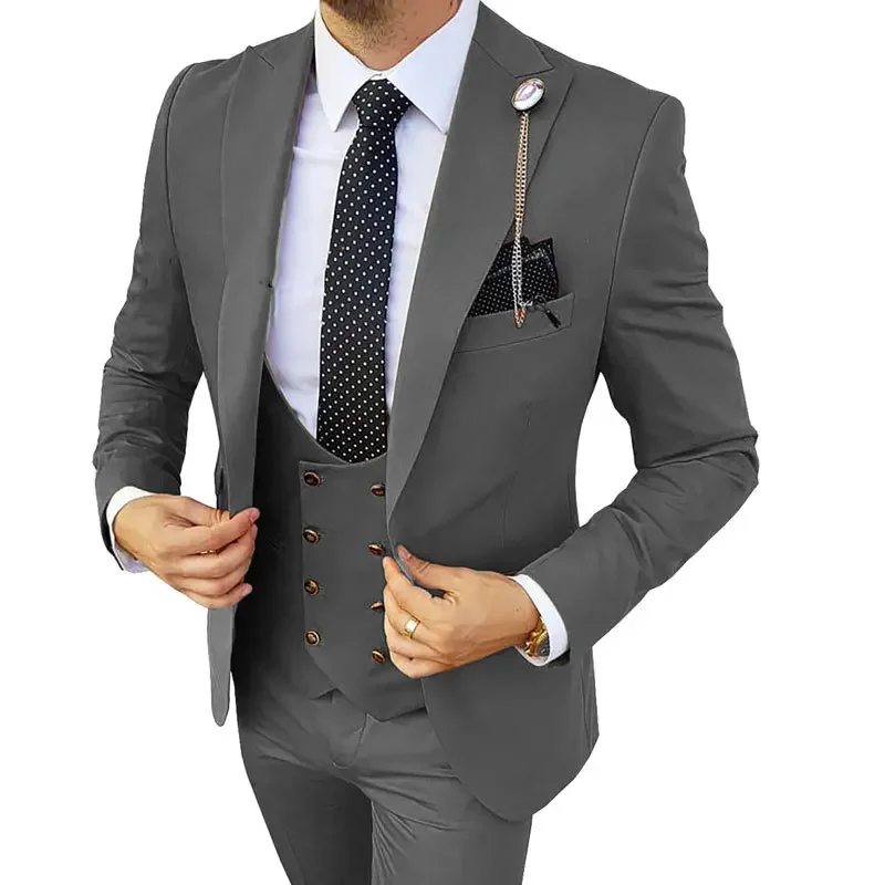 Men 3 Piece Set (Jacket+Pants+Vest) 2024 Wedding Dress Elegant Suit For Male Wine Red Single Button Fashion Blazer Business Sets