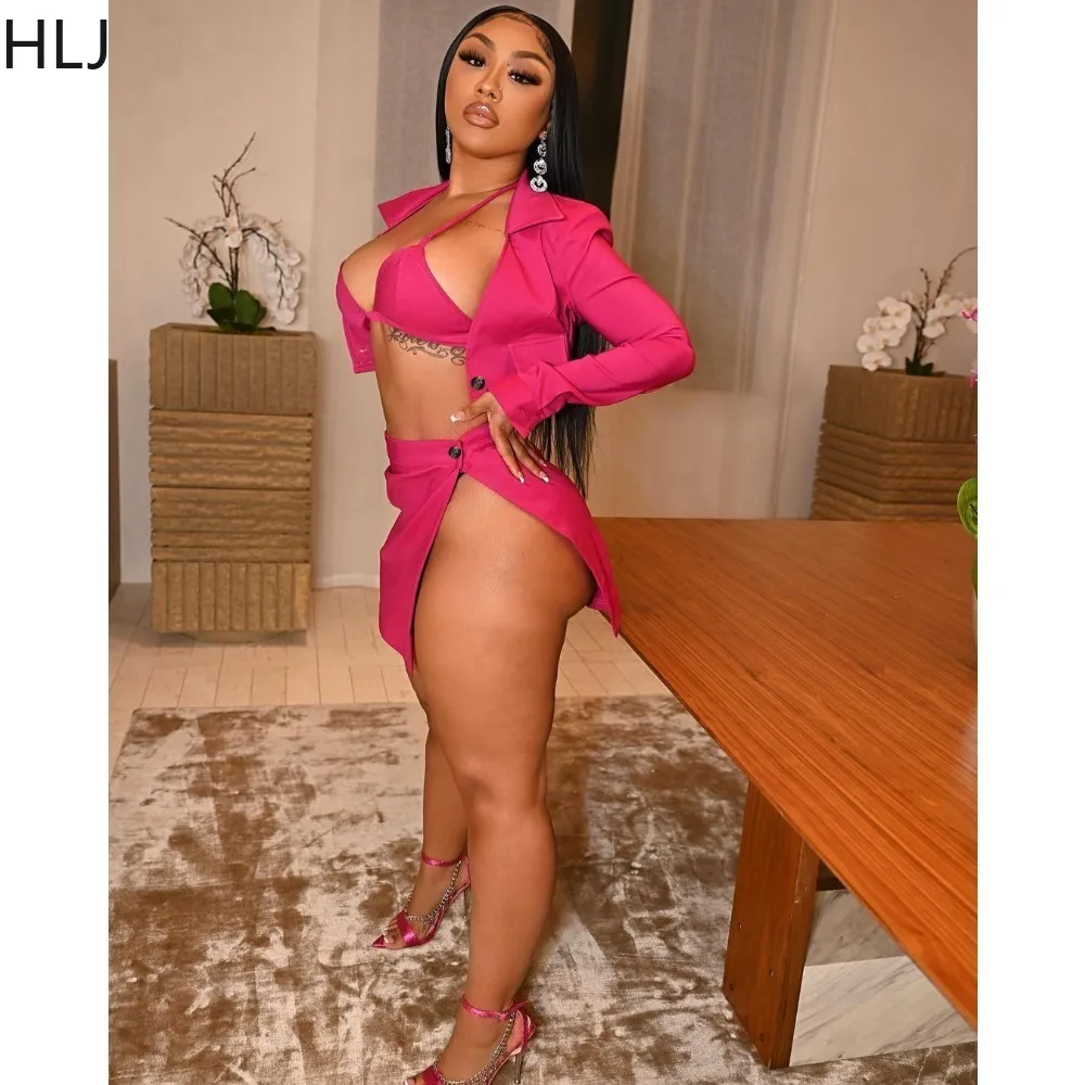 HLJ Sexy Multicolour Slit Button Mini Skirts Two Piece Sets Women Long Sleeve Crop Top+Skirts Outfits Female Nightclub Clothing