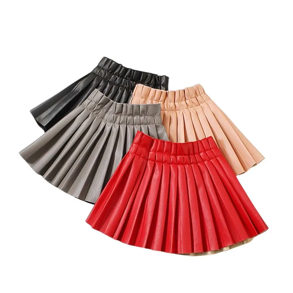 

Girls Candy Color Leather Skirt Little Princess Pleated Leather Short Skirt Children Waist Skirt Half Pleated Skirt