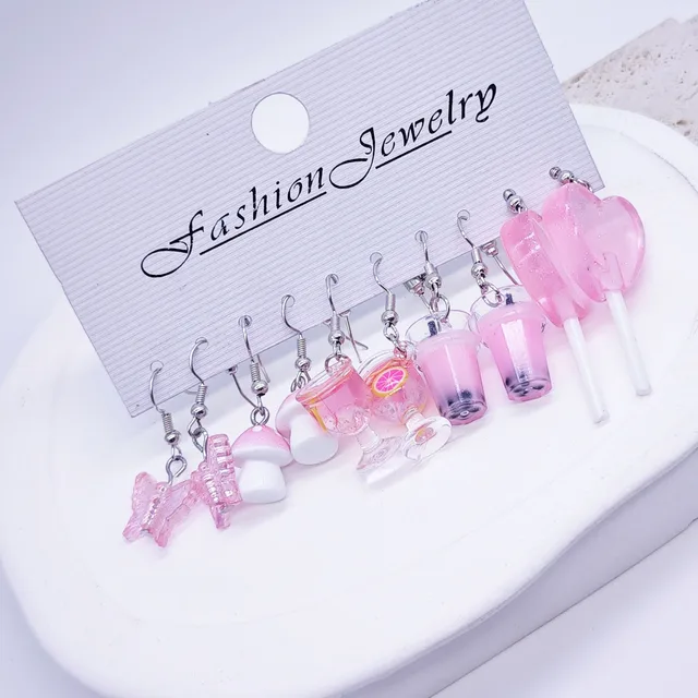 European and American cross-border cartoon fashion resin simulation food, milk tea, mushroom candy earrings, pink set 2