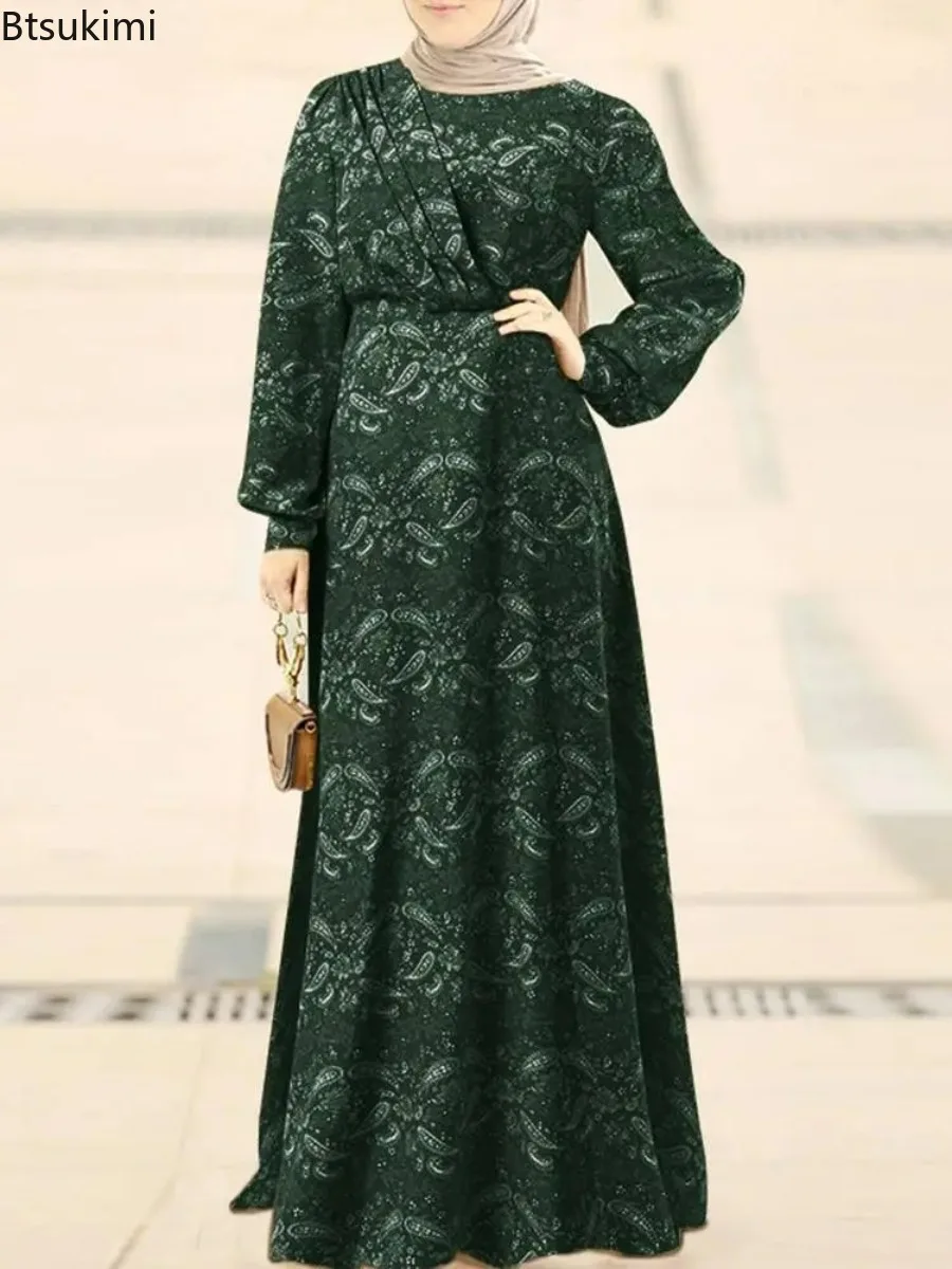 

Vintage Muslim Printed Dress Women Back Zipper Loose Middle Eastern Robe Casual Long Sleeve Abaya Loose Muslim Abayas for Women